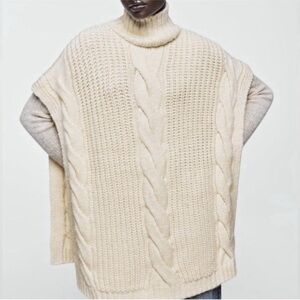 ZARA Cable-Knit Mock Neck Cape Poncho Sweater